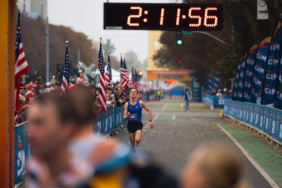 Charlotte native Murphy Smith kicks it in to the finish line at the California International Marathon in Northern California this past December.