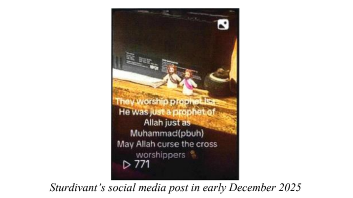 The FBI’s criminal complaint against 18-year-old Christian Sturdivant of Mint Hill includes a photograph of this social media post the FBI says Sturdivant made in early December 2025.