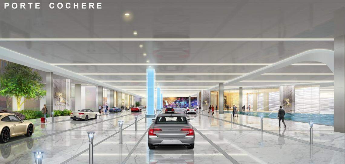 This rendering shows the porte cochere, or covered entrance for cars to pick up and drop off people at Two Kings Casino Resort, which is under construction in Kings Mountain, NC.