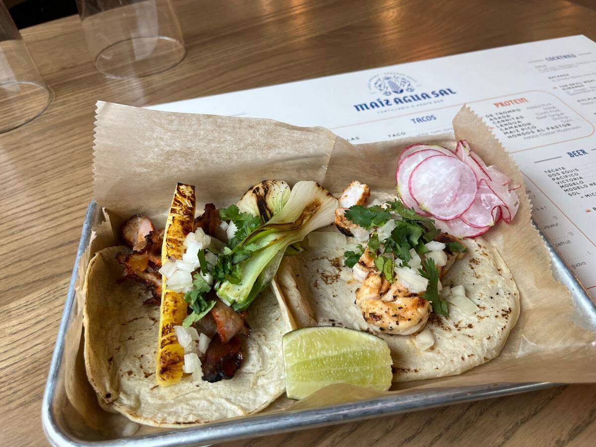 Carnitas and camarones tacos at MAS.