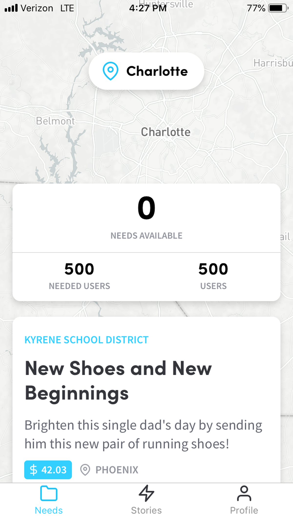With 500 signed up for Charlotte updates from the Purposity app, CMS will be able to start filling school social workers’ requests for items to help students in need.