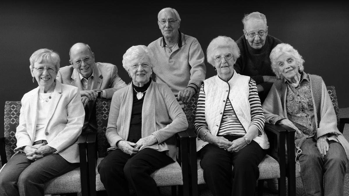 From left, Andie Payet, Bob Payet, Betty Cowan, George Moffat, Dot Horne, Norman Pollock and June Connerton, the stars of “Acting Our Age: A Century of America in Seven Voices.”