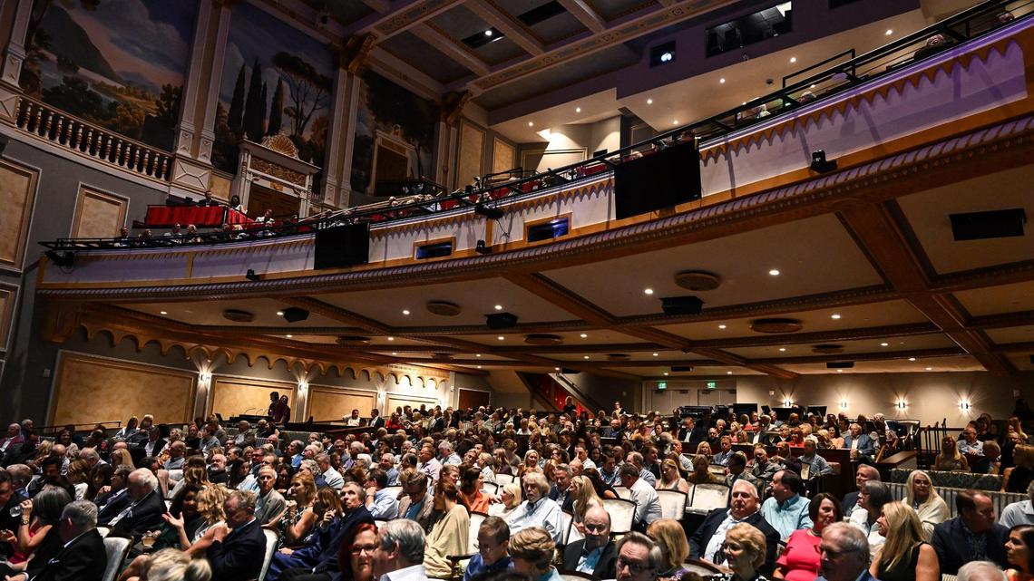 Members of the private Charlotte music club Music With Friends fill the Carolina Theatre for a concert on Tuesday night.