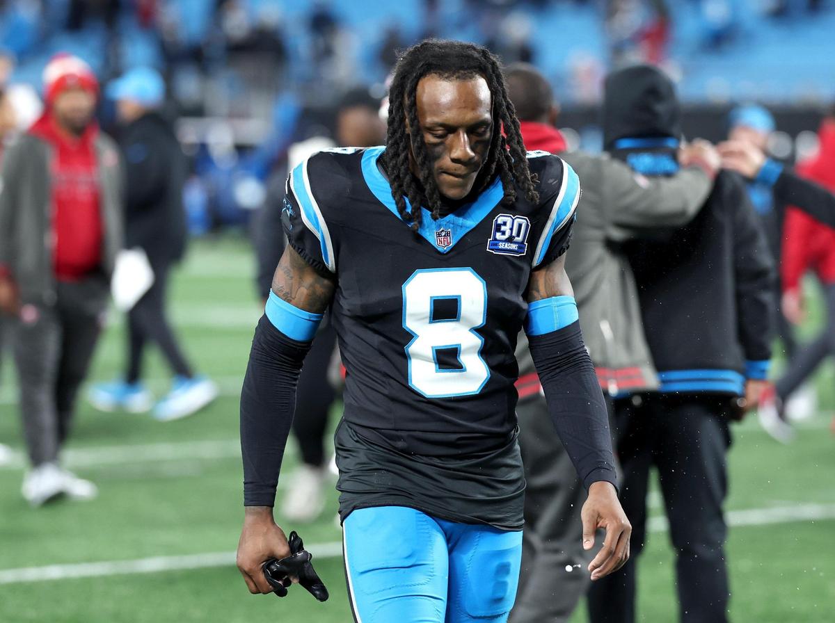 Carolina Panthers cornerback Jaycee Horn walks off the field following the team’s 26-23 loss to the Tampa Bay Buccaneers at Bank of America Stadium in Charlotte, NC on Sunday, December 1, 2024.