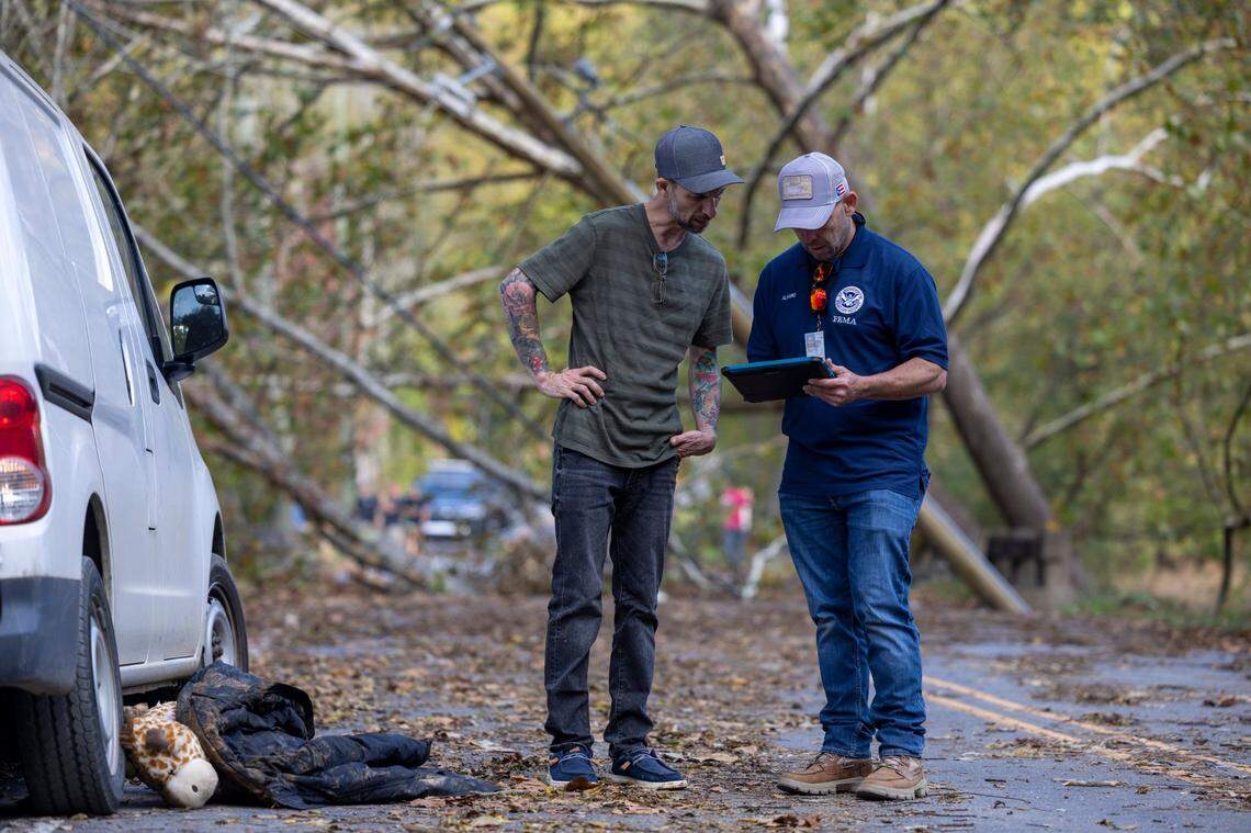 Federal Emergency Management Agency employee Jirau Alvaro, traveled into Western North Carolina from Puerto Rico to work in Buncombe and surrounding counties in the aftermath of Hurricane Helene. On Sunday, October 6. 2024 Alvaro met with Daniel Mancini, who lost his home, and two cars along the banks of the Broad River in rural Buncombe County, near Black Mountain, N.C.