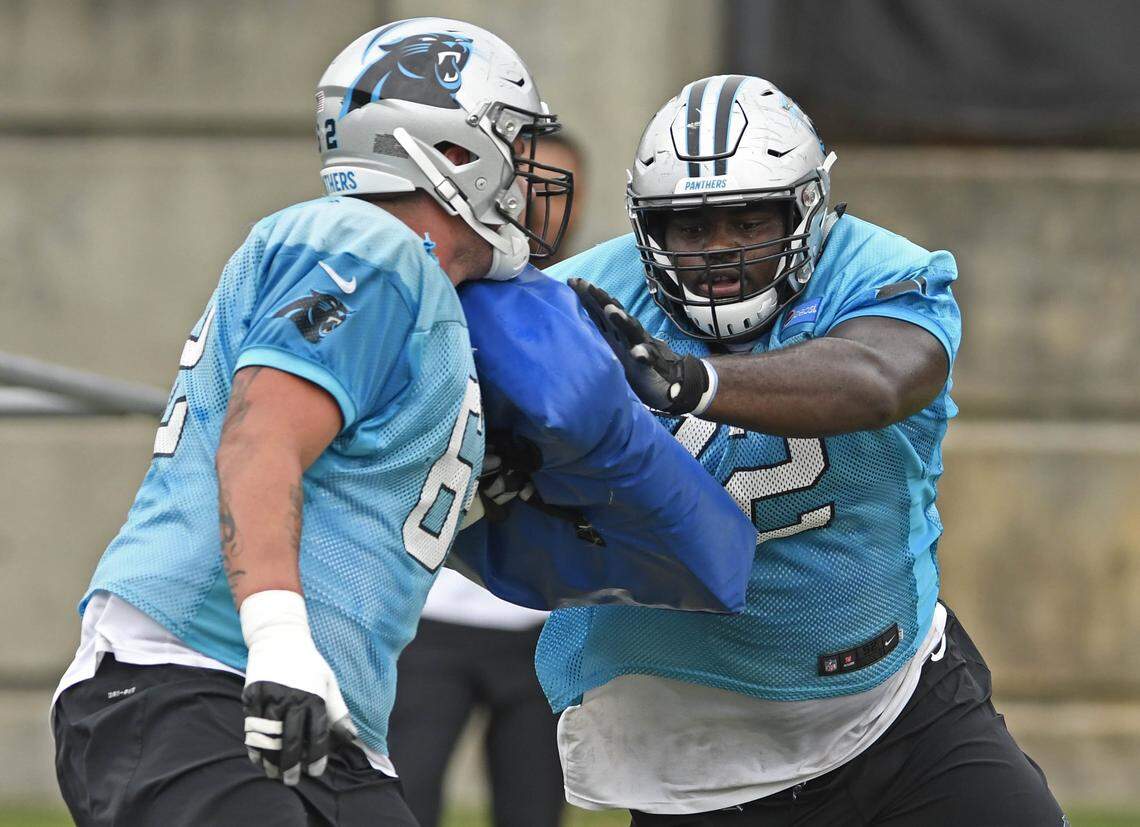 Carolina Panthers second year offensive tackle Taylor Moton (72) has filled in on both sides of the line because of injuries, and could start the season at left tackle if Matt Kalil isn’t healthy.