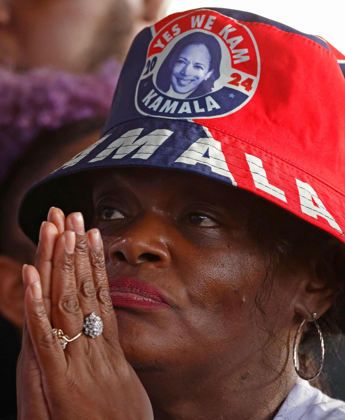 A supporter listens to Vice President Kamala Harris during a rally at PNC Music Pavilion on Saturday, November 2, 2024.