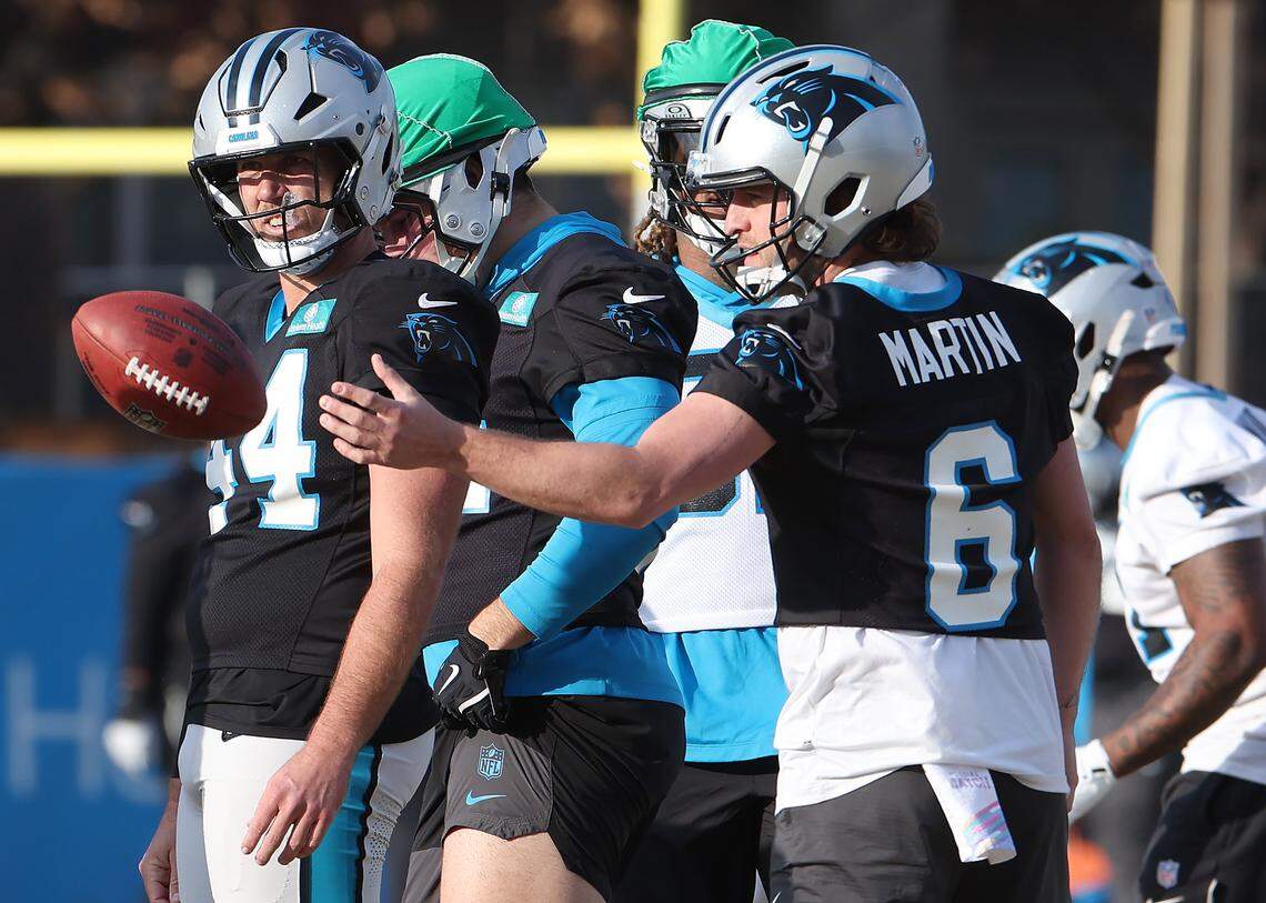 Carolina Panthers punter Sam Martin tosses the ball to a personnel member during practice on Tuesday, January 6, 2026 in Charlotte, NC. The Panthers will host the Los Angeles Rams in first round action of the playoffs at Bank of America Stadium on Saturday, January 10, 2026.