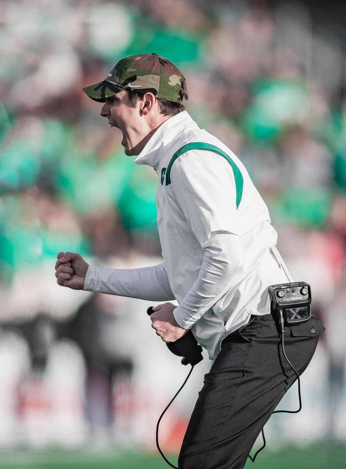 Charlotte head coach Will Healy celebrates a Charlotte touchdown. Charlotte would host Marshall Saturday November 20, 2021.