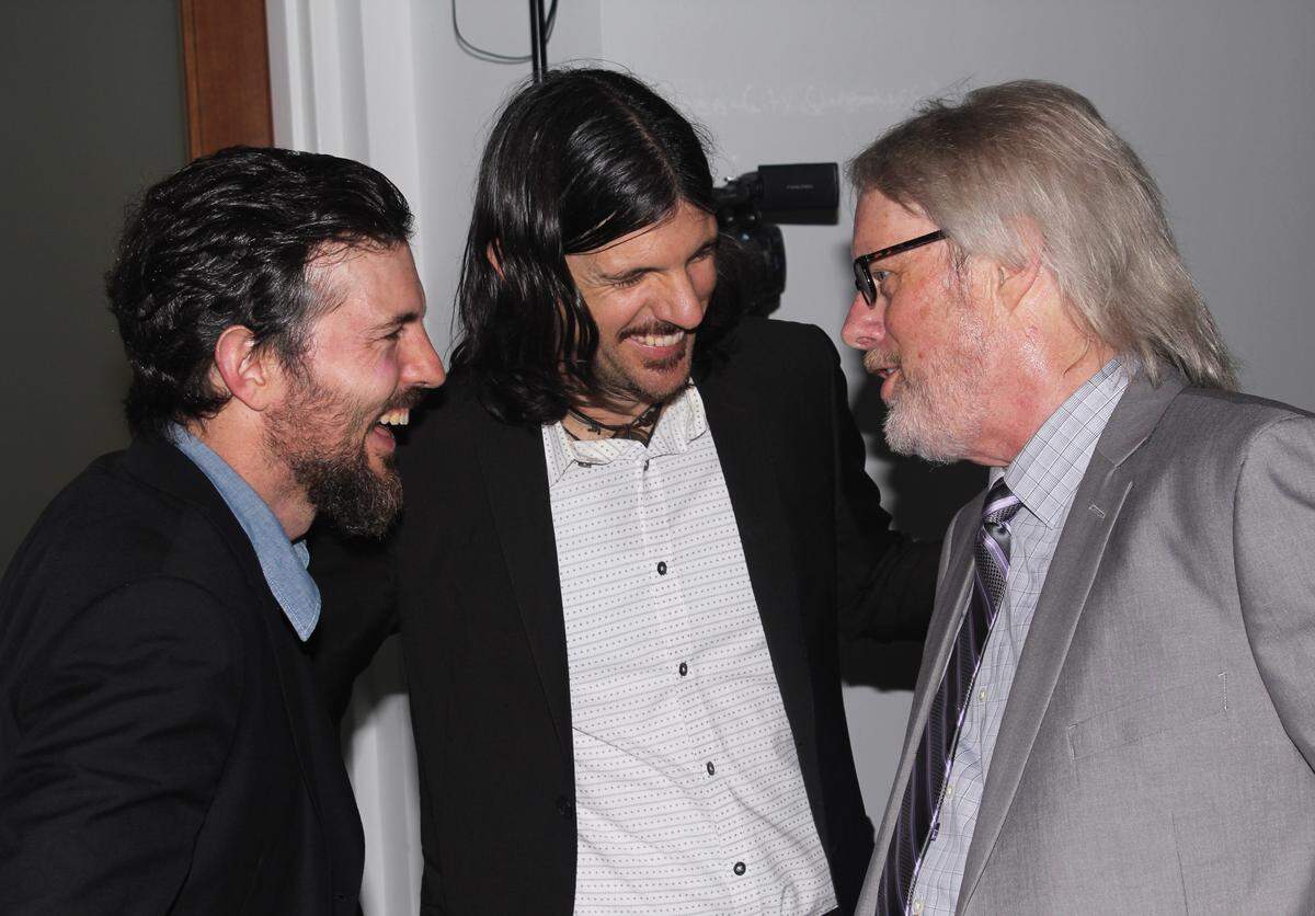 Scott and Seth Avett of the Avett Brothers with Hancock, on the night of his induction into the WBT Hall of Fame in 2017.