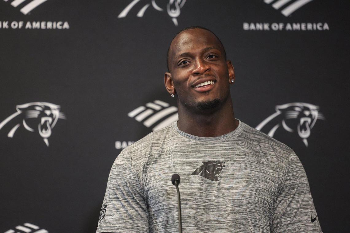 Carolina Panthers’ outside linebacker Nic Scourton speaks to media during Veteran Report Day for training camp at Bankof America Stadium in Charlotte, NC on Tuesday, July 22, 2025.