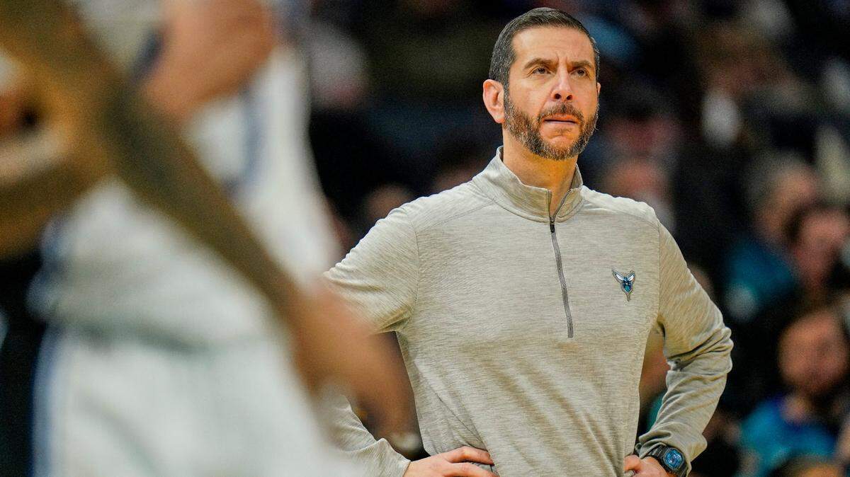 Charlotte Hornets head coach James Borrego looks on during an NBA basketball game against the Orlando Magic on Friday, Jan. 14, 2022, in Charlotte, N.C. (AP Photo/Rusty Jones)