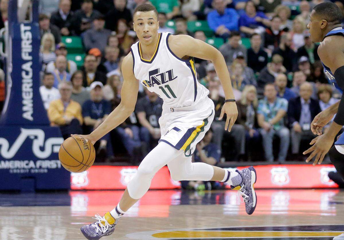 Utah Jazz guard Dante Exum (11), a restricted free agent, has never lived up to the expectations being the No. 5 overall pick brings. But his 6-6 size is a contrast to Charlotte's Kemba Walker.