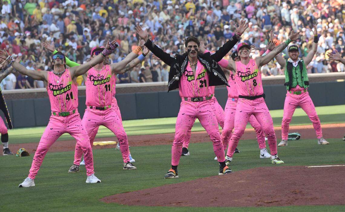 Party Animals dance before the game with the Savannah Bananas at Memorial Stadium in Clemson, S.C. Saturday, April 26, 2025.