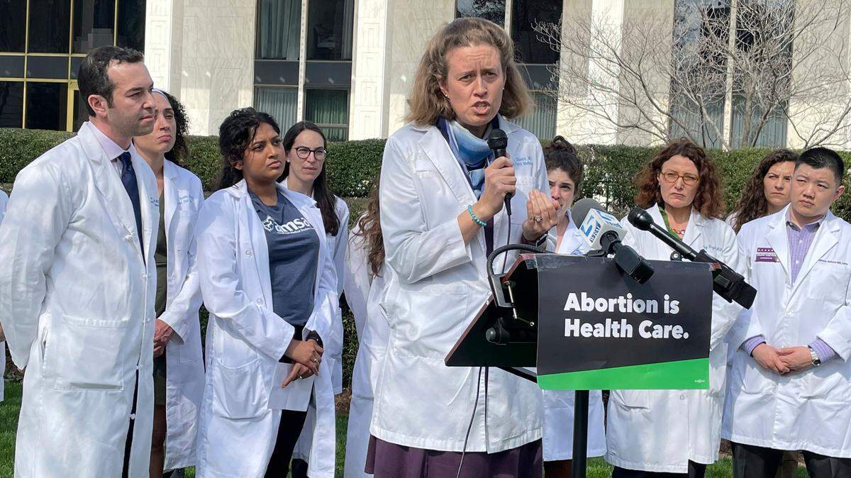 Dr. Alison Stuebe, a North Carolina maternal-fetal medicine doctor, urges state lawmakers to oppose any new abortion restrictions at a news conference outside the Legislative Building in Raleigh, N.C., on Wednesday, Feb. 22, 2023.