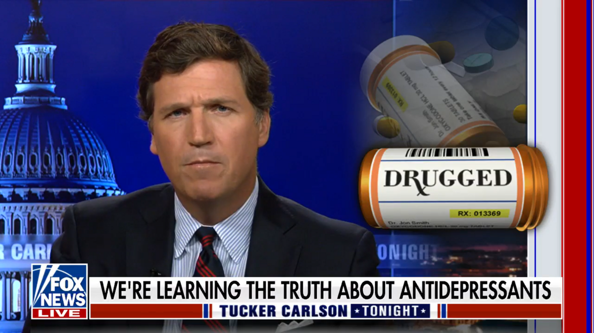 Fox News host Tucker Carlson speaks about antidepressants during a recent broadcast.