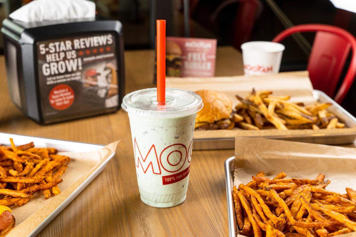 Mooyah Burgers, Fries & Shakes has eight milkshake flavors, including mint chocolate chip, strawberry, cookie dough and coffee.