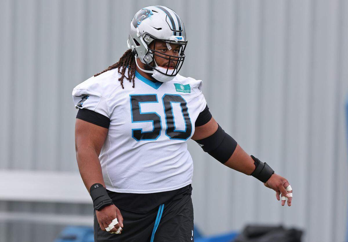 Carolina Panthers guard Robert Hunt prepares to start another series of drills in May.