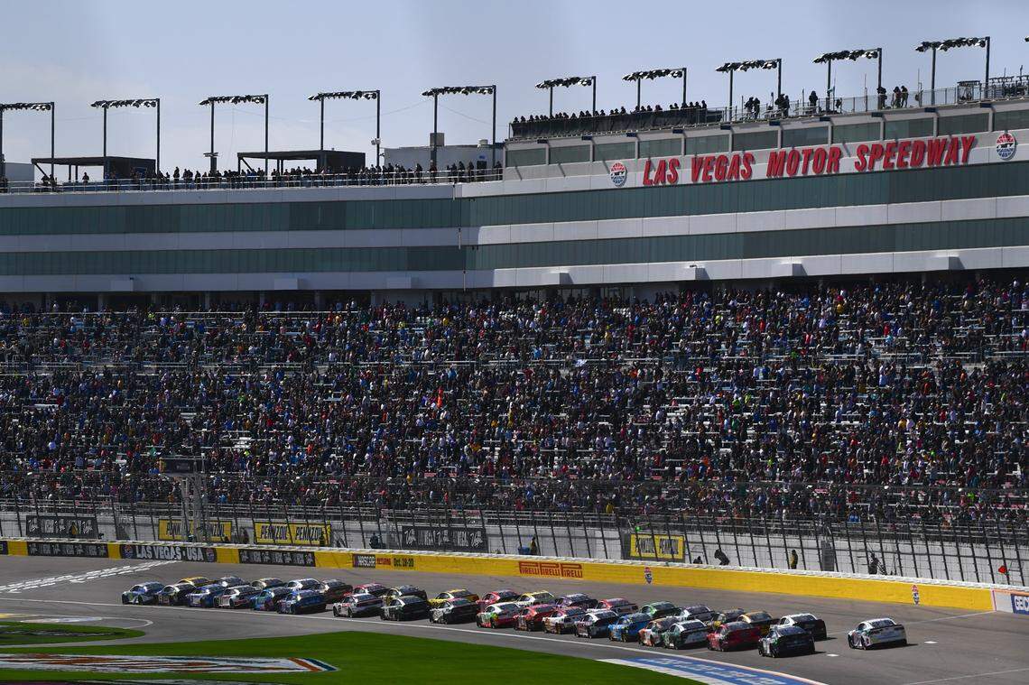 Mar 3, 2024; Las Vegas, Nevada, USA; NASCAR Cup Series driver Daniel Suarez (99) leads the field for the restart of the Pennzoil 400 at Las Vegas Motor Speedway.
