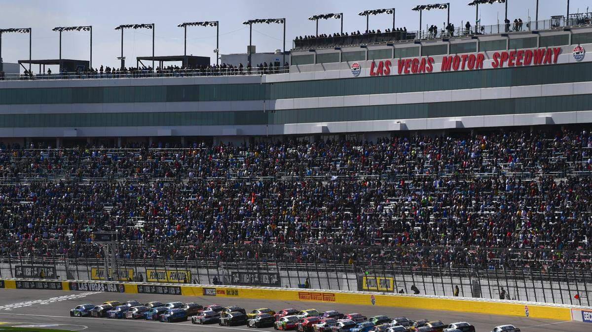 Mar 3, 2024; Las Vegas, Nevada, USA; NASCAR Cup Series driver Daniel Suarez (99) leads the field for the restart of the Pennzoil 400 at Las Vegas Motor Speedway.