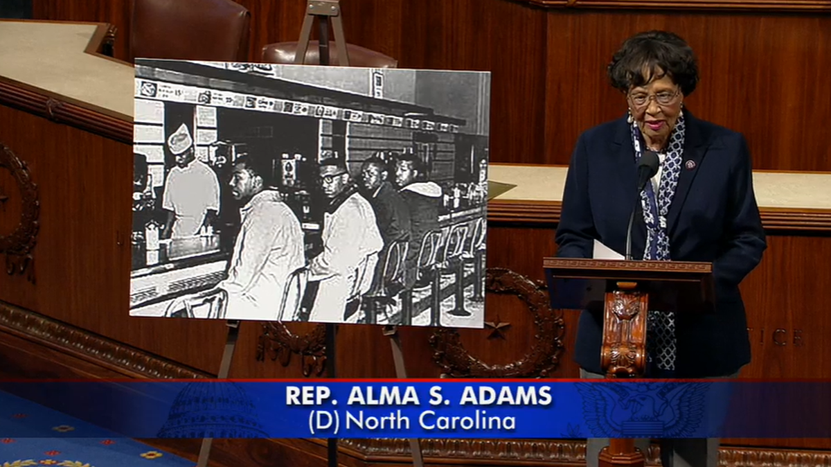 Congresswoman Alma Adams delivers a passionate speech Feb. 1, 2023 on the floor of the U.S. House in recognition of Black History Month. Adams also recognized the Greensboro Four, whose protests sparked the sit-in movement in 1960s.