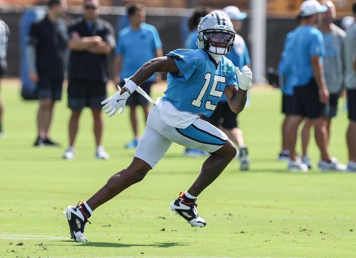 Panthers wide receiver Jimmy Horn, Jr. eyes the ball as he runs during training camp in Charlotte, NC on Wednesday, July 24, 2025.