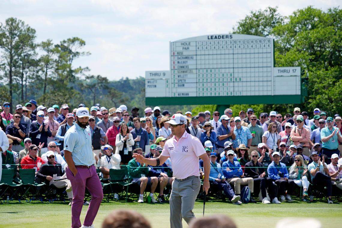 Zach Johnson plays from the fairway on the ninth green Saturday during the third round of the Masters Tournament at Augusta National Golf Club.