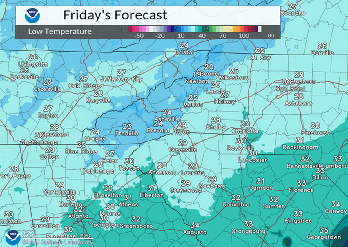 The low temperature in the Charlotte area late Thursday could fall below freezing, to 29 degrees, according to the National Weather Service.