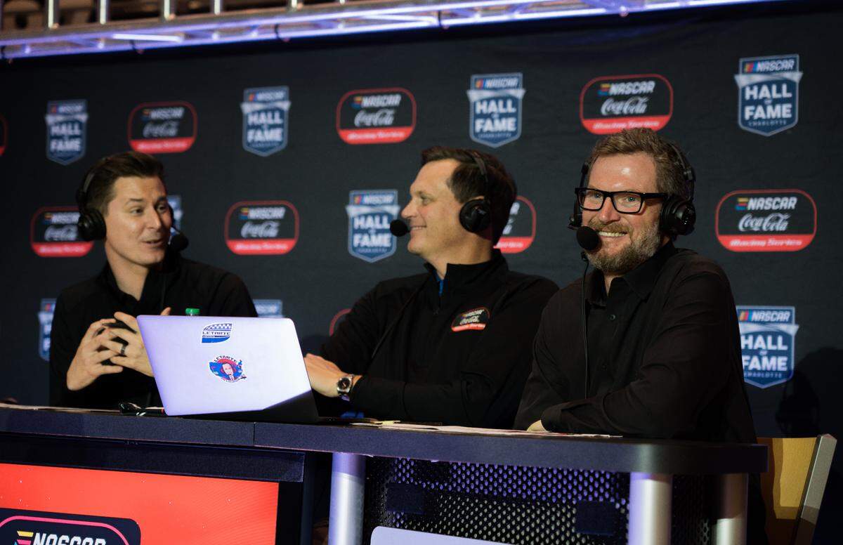 The broadcast in the NASCAR Hall of Fame calling the 2022 eNASCAR Coca-Cola Series Championship. From left to right: Alan Cavanna, Steve Letarte, Dale Earnhardt Jr.