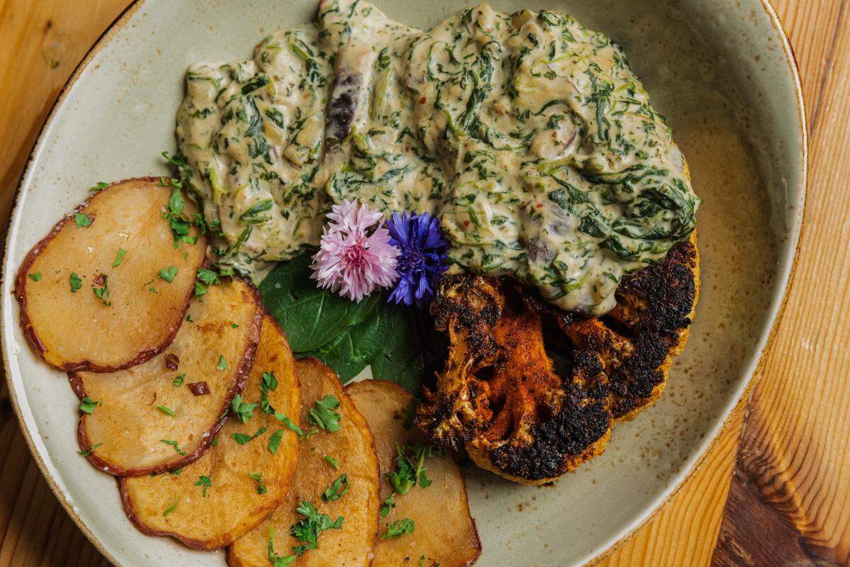 Blackened Cauliflower Steak Florentine from Fern, Flavors From The Garden.
