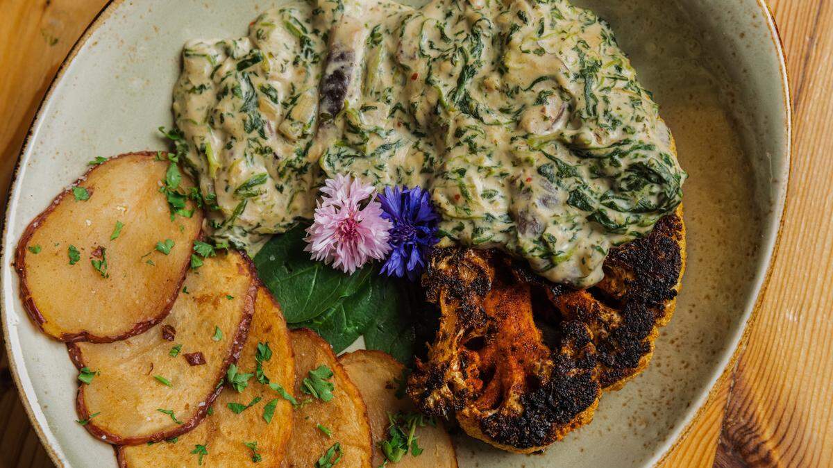 Blackened Cauliflower Steak Florentine from Fern, Flavors From The Garden.