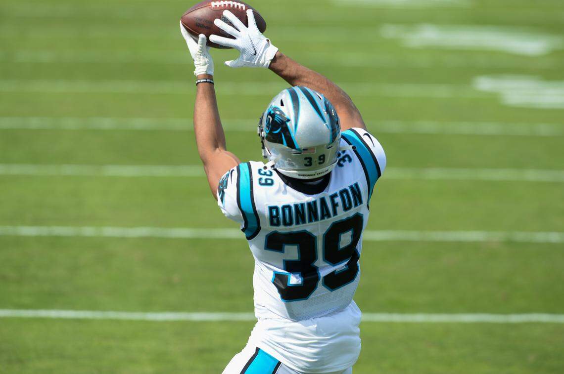 Carolina Panthers running back Reggie Bonnafon (39) connects with Carolina Panthers quarterback Teddy Bridgewater (5) for touchdown catch during the second quarter at Bank of America Stadium in Charlotte, NC on Sunday, October 4, 2020.