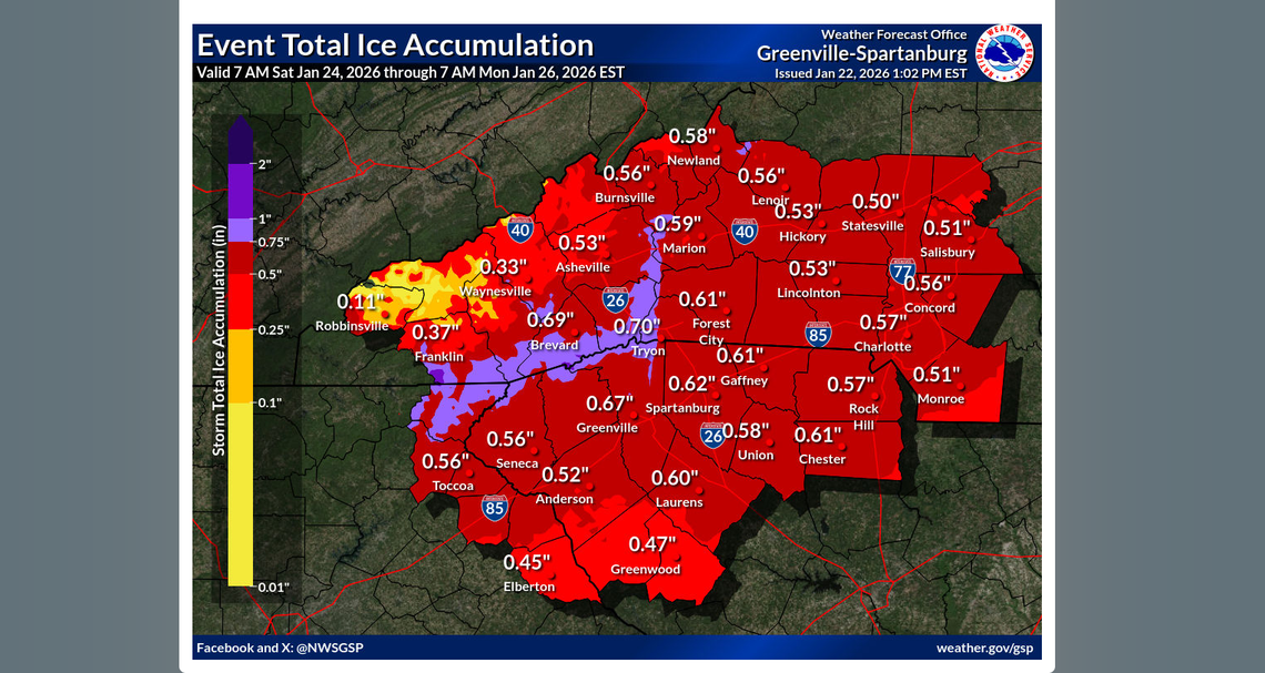 The Charlotte area appears in line to get more than a half an inch of ice between 7 am Saturday and 7 am Monday, the National Weather Service says. 