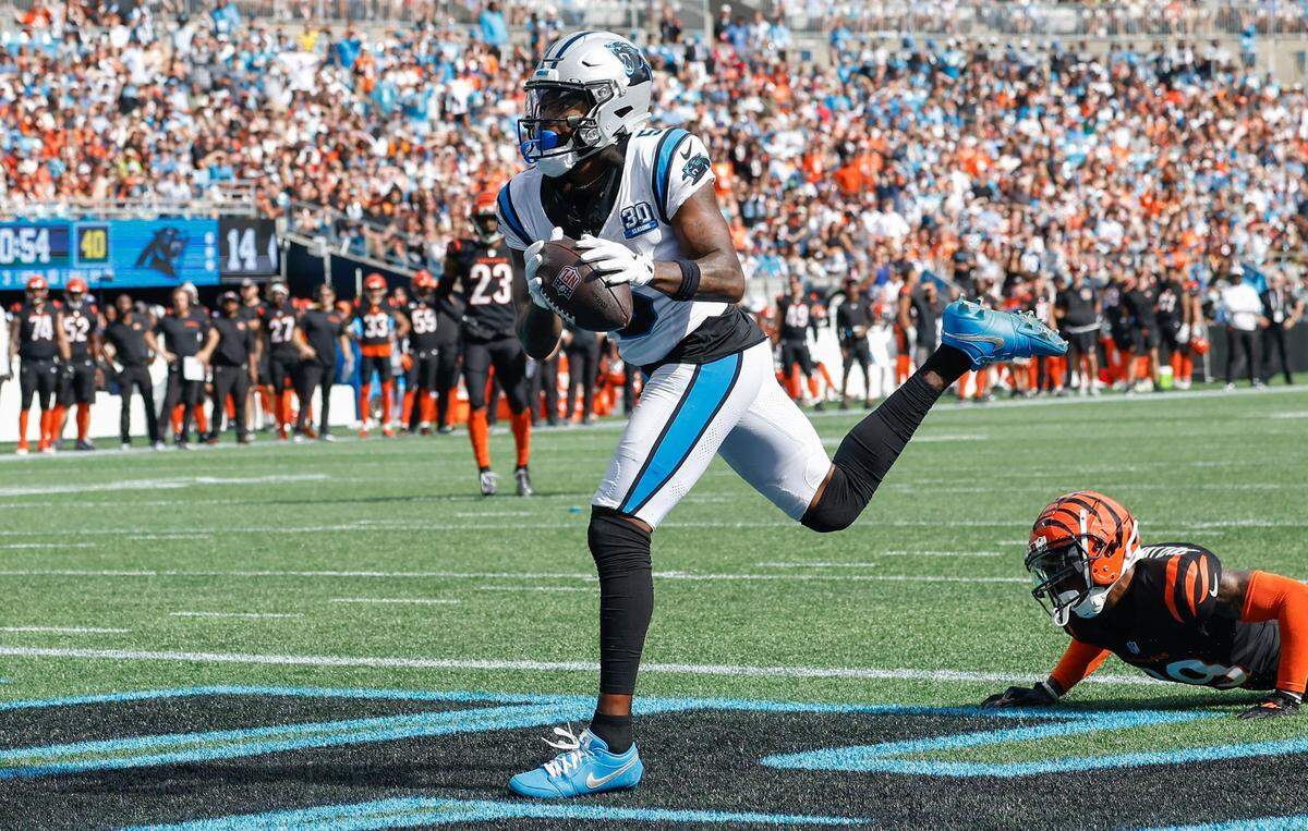 Panthers wide receiver Diontae Johnson catches the ball for a touchdown during the game against the Bengals at Bank of America stadium in Charlotte, NC on Sunday, September 29, 2024. The Panthers still fell to the Bengals, 34-24.