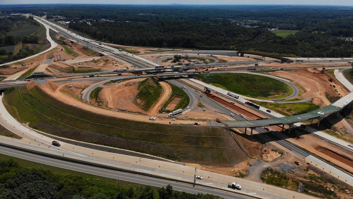 Drivers navigate the Interstate 77 and Interstate 40 interchange during construction of a new “whirlpool” interchange in Statesville, N.C., Wednesday, July 27, 2022. All lanes at the interchange are now open, NCDOT officials said on Friday, Dec. 22, 2023.