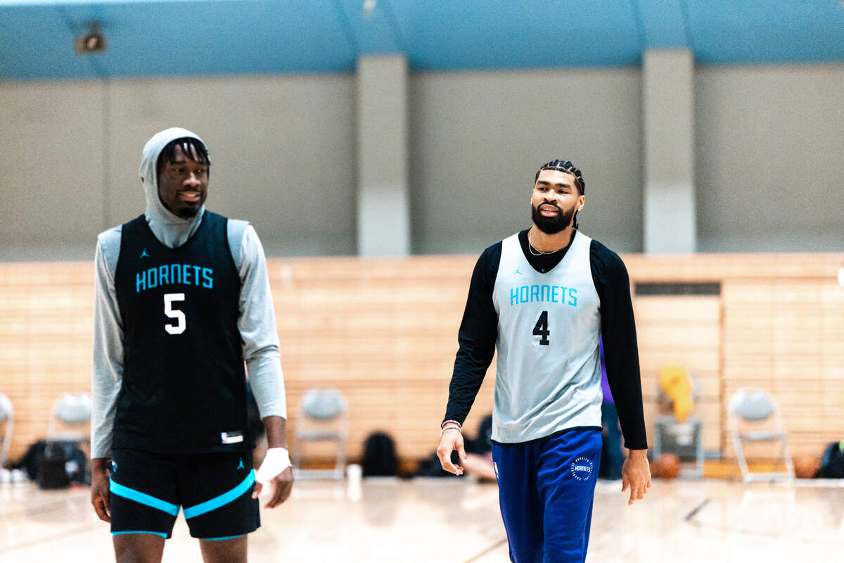 Charlotte Hornets' Mark Williams (left) and Nick Richards during practice at UCLA on Thursday after their game against the Los Angeles Lakers was postponed.