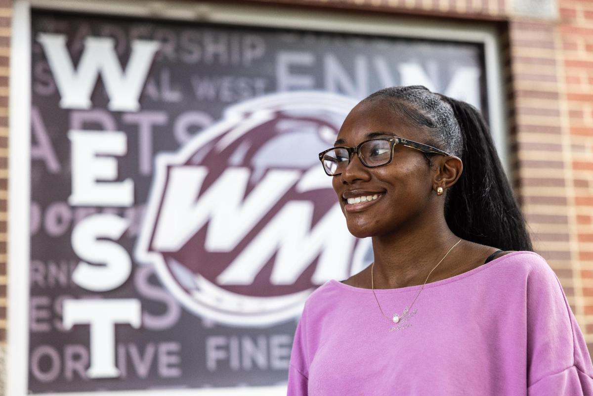 Reagan McElhaney poses for a portrait at West Mecklenburg High School in Charlotte, N.C., on Friday, June 2, 2023.