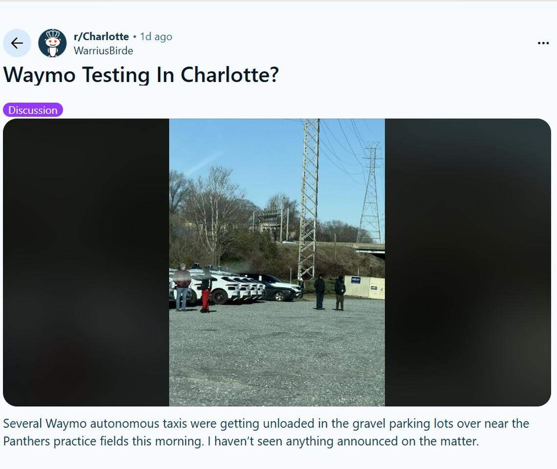 Waymo cars seen in uptown Charlotte, with a photo and comments on Reddit.