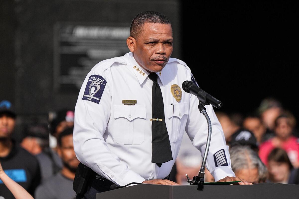 Charlotte-Mecklenburg Police Chief Johnny Jennings delivers remarks prior to the Tunnel to Towers Tower Climb at Bank of America Stadium, Sunday, April 27, 2025, in Charlotte.