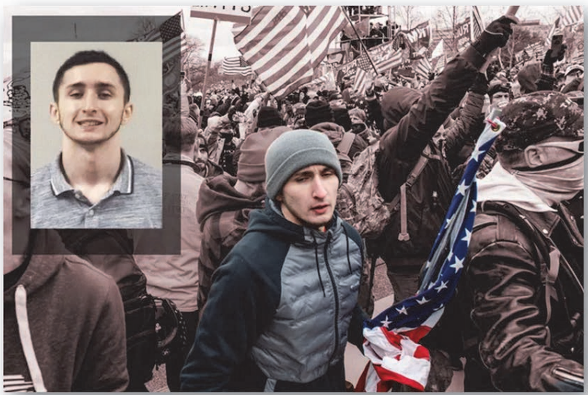 Matthew Beddingfield of North Carolina appears on US Capitol grounds on Jan. 6, 2021, in this composite image created and published by HuffPost and embedded in a federal court document. He is accused of attacking police with is flagpole.