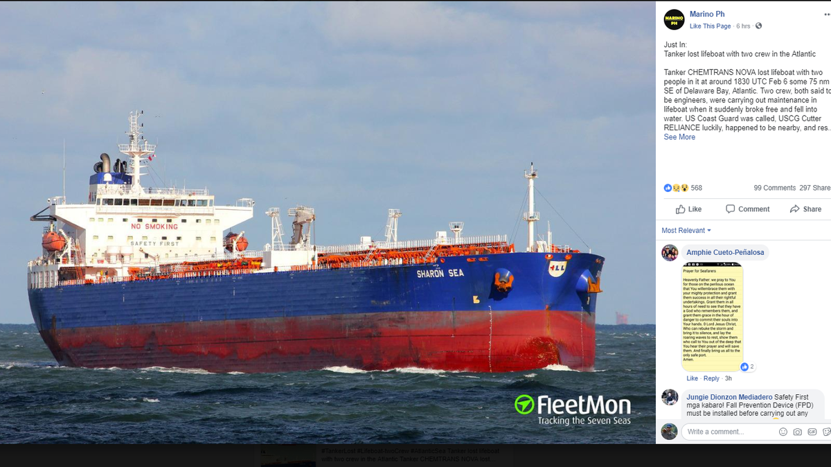 Two engineers were working on a lifeboat aboard this tanker when it deployed, throwing them into the ocean on Wednesday. Facebook screenshot