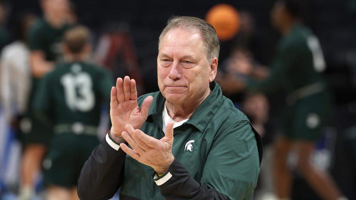 Michigan State Spartans head basketball coach Tom Izzo watches his players practice for the 2024 NCAA Men’s Basketball First Round at Spectrum Center in Charlotte, NC on Wednesday, March 20, 2024. Games for the First and Second Rounds begin on Thursday, March 21, 2024 and conclude on Saturday, March 23, 2024.