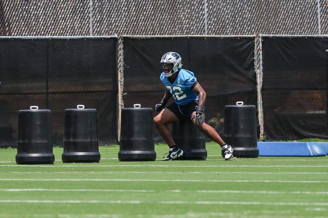 Panthers linebacker Trevin Wallace runs through a drill during the second day of minicamp in Charlotte, NC on Wednesday, June 11, 2025. 