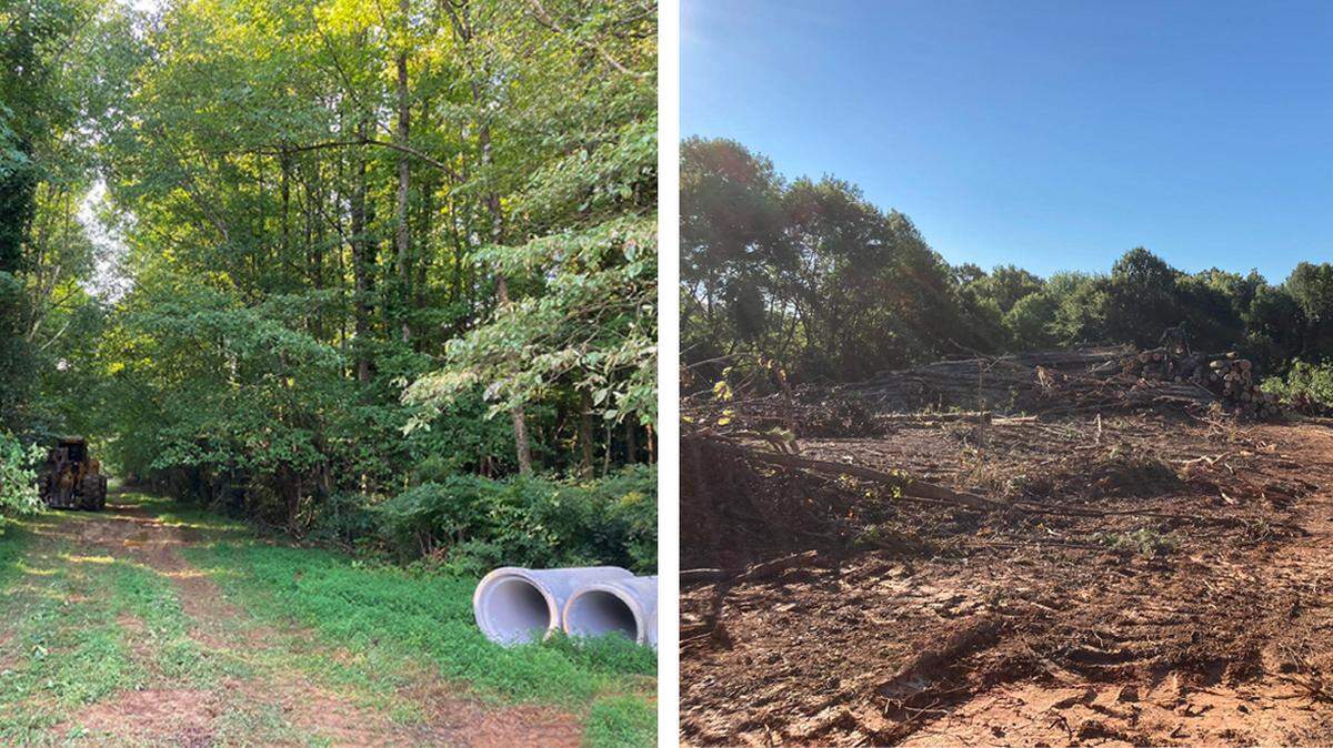 A before and after picture of the Oak Hill neighborhood in Monroe where developers are building a 74 townhomes.