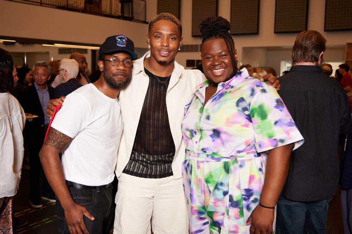 “I still sometimes can’t fathom the fact that I’m a part of it,” said Phillip Johnson Richardson, left, on his role of Tinman in “The Wiz” revival. Here, he’s next to Avery Wilson, Scarecrow, and Kyle Freeman, the Lion, at their first rehearsal.