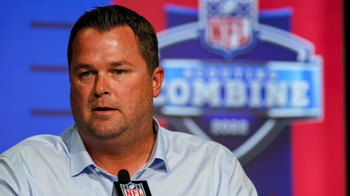 Carolina Panthers general manager Scott Fitterer speaks during a press conference at the NFL football scouting combine in Indianapolis, Wednesday, March 2, 2022. (AP Photo/Michael Conroy)