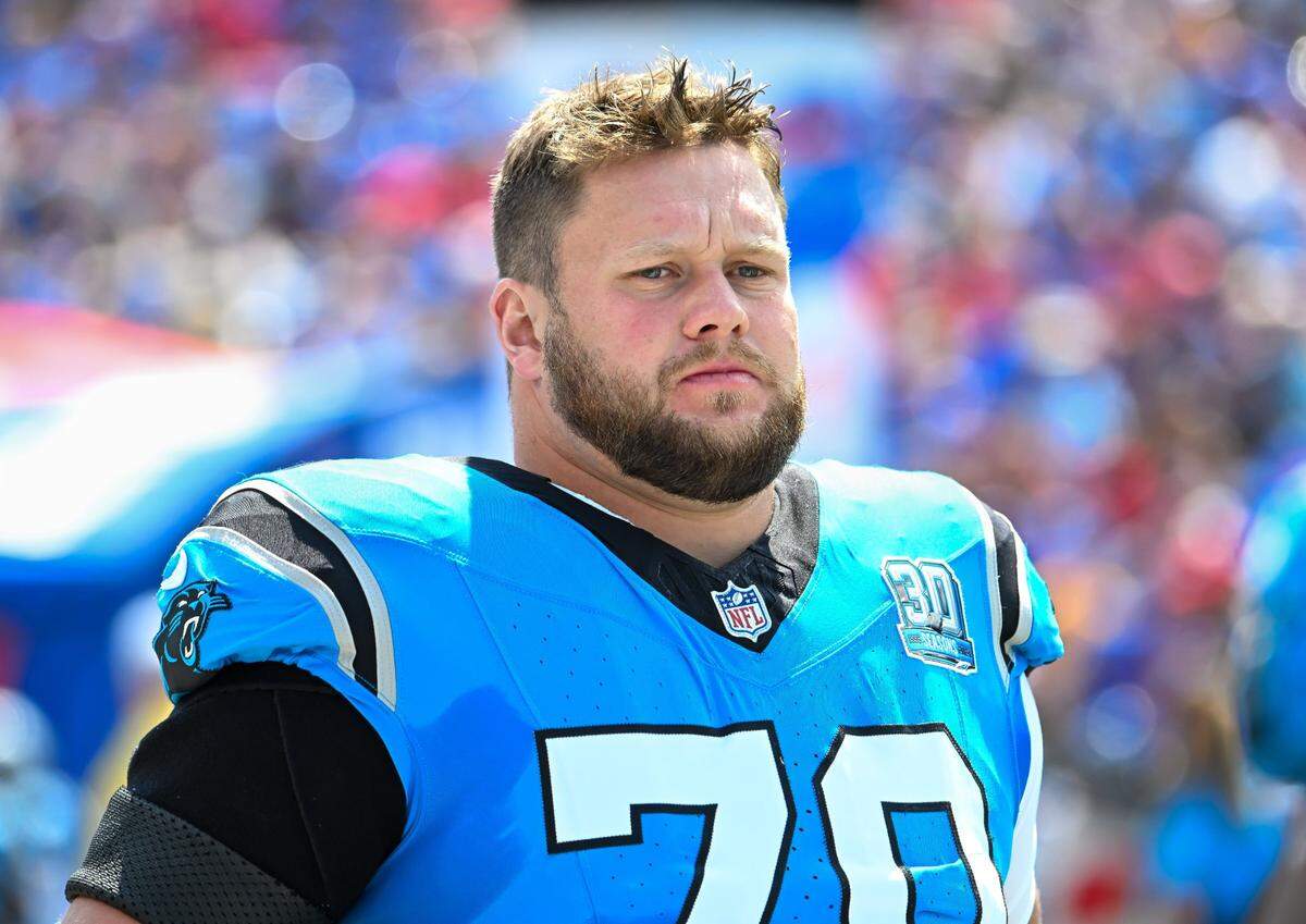 Aug 24, 2024; Orchard Park, New York, USA; Carolina Panthers guard Brady Christensen (70) enters the field before a pre-season game against the Buffalo Bills at Highmark Stadium. Mandatory Credit: Mark Konezny-USA TODAY Sports