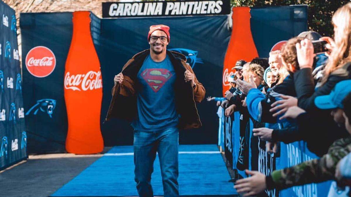 Christian Miller arrives at the Panthers game vs. the Seahawks wearing a Superman t-shirt in honor of Jaden Smith, who died of cancer this month. (Courtesy of the Carolina Panthers.)