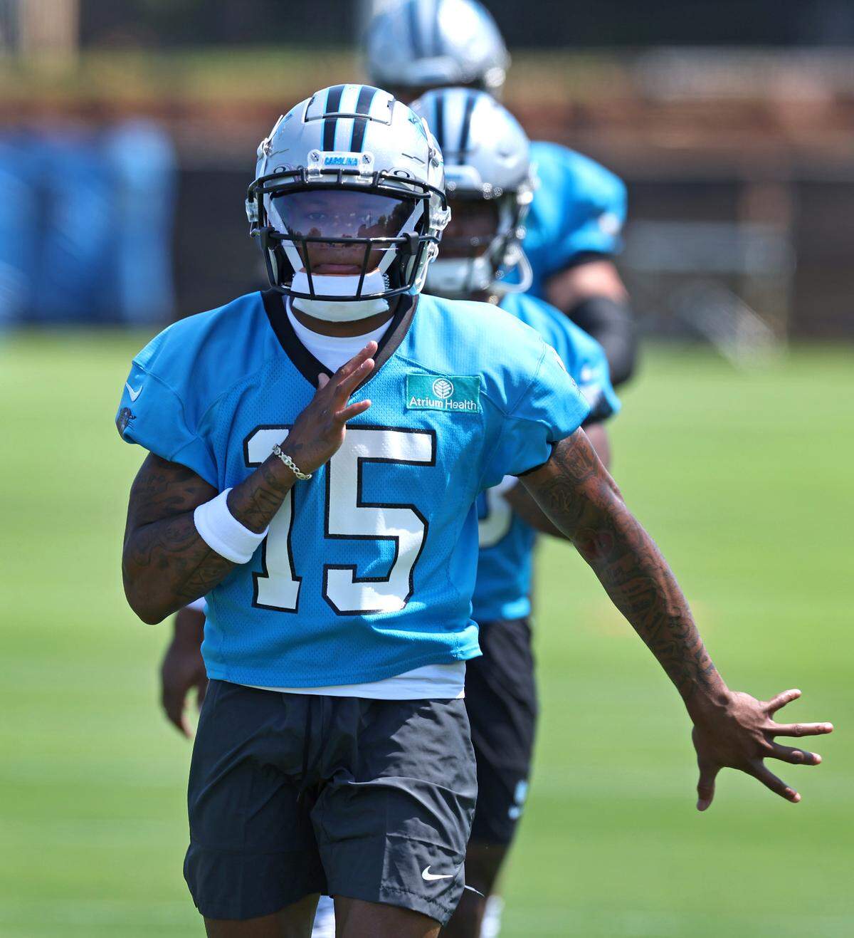 Carolina Panthers rookie wide receiver Jimmy Horn Jr., runs through drills with his teammates during the team’s rookie minicamp practice on Friday, May 9, 2025.