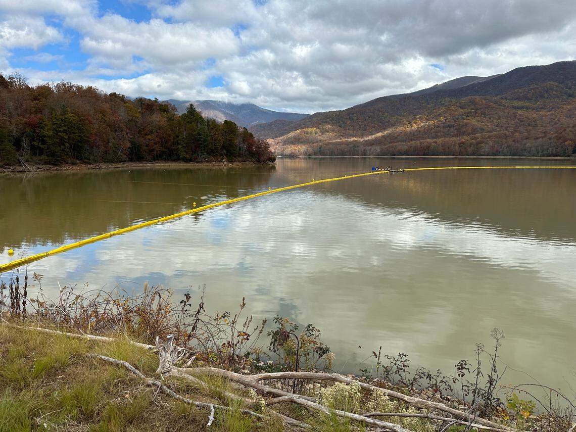 A 500-foot-long curtain has been installed in Asheville’s North Fork Reservoir to help remove sediment. The yellow line shows the top of that curtain. It’s part of the city’s effort to restore drinking water to residents.